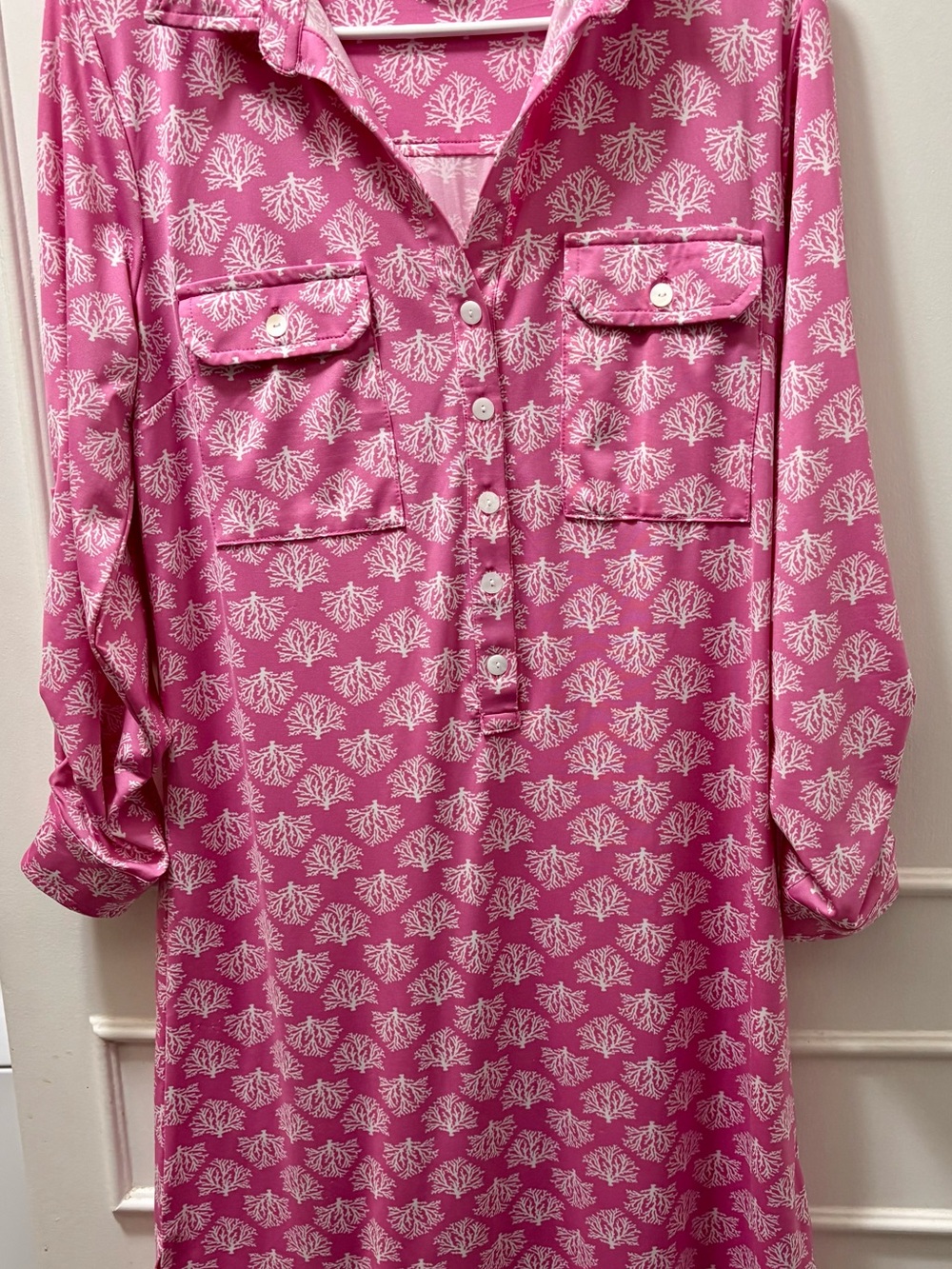 Relaxed Pink Printed Button-Front Long Sleeve Dress